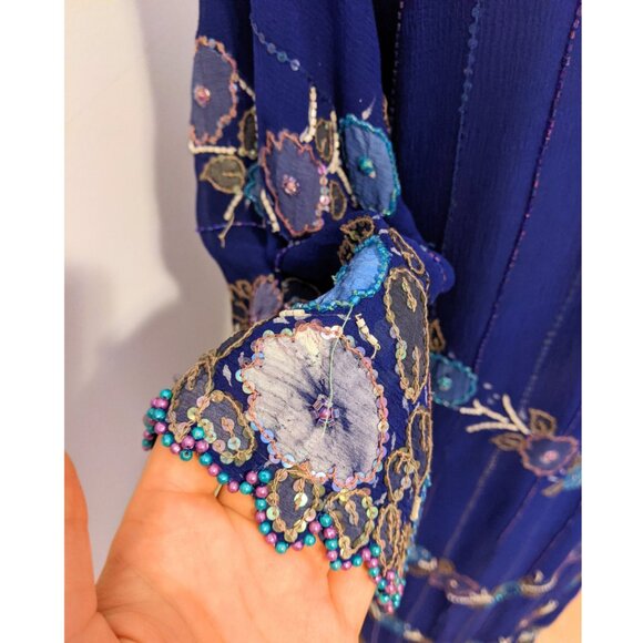 Vintage 70s Painted & Beaded Chiffon Dress from Germany Formal Prom Gown Sz L - Picture 9 of 16